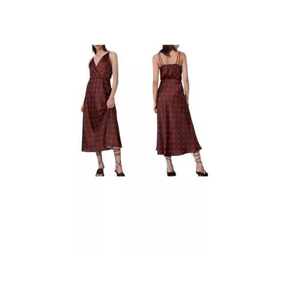 Zara Women’s Brown Red Polka Dot Satin Feel Spaghetti Strap MIDI Dress NWT XS - Picture 1 of 8
